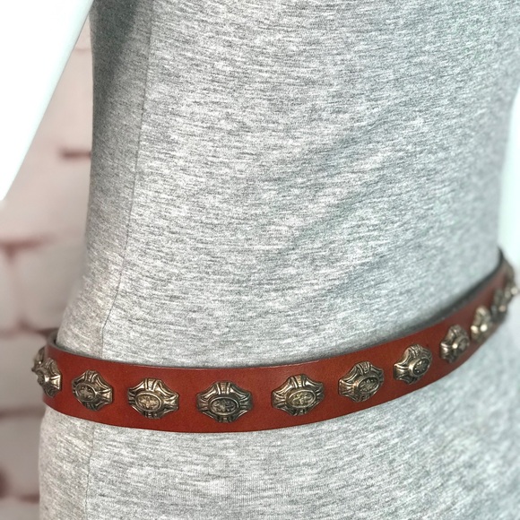 NEIMAN MARCUS Vintage Brown Leather Pewter Coastal Cowgirl Conch Belt Sz Large - Picture 15 of 16